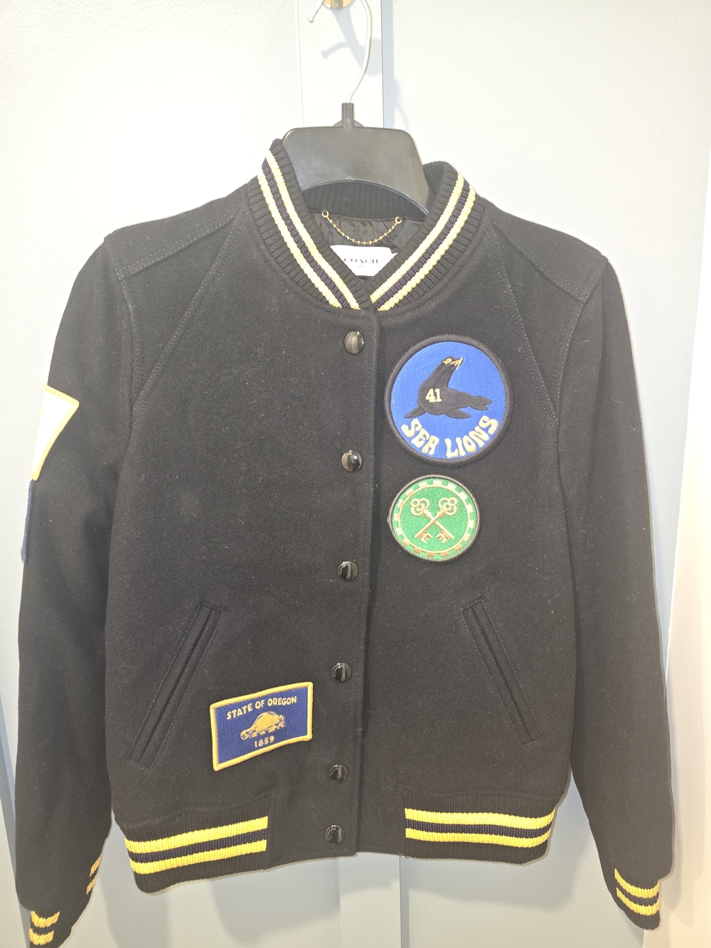 Coach Black Kids Varsity Jacket with Yellow Stripes